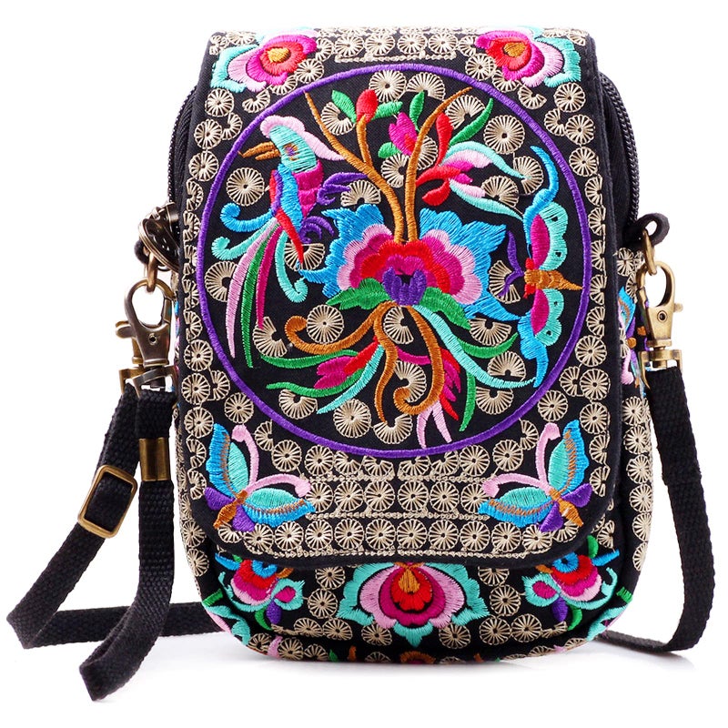 SILKAREA Embroidery Canvas Small Crossbody Purse Cell-phone Bag for Women's Cute Mini Messenger Bag Wristlet Wallet Bag (Blue + Flower) - Image 1